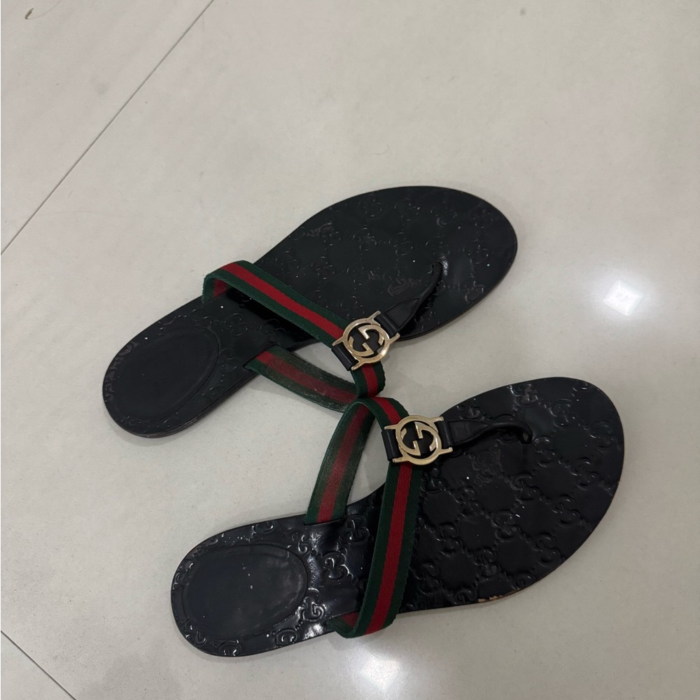Gucci Black Slides with Red and Green Accents